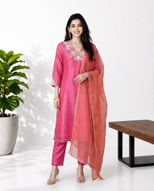 Pink Peach Mul Chanderi Suitset