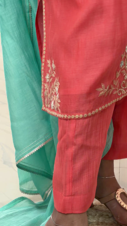 Peach Cyan Chanderi Suitset