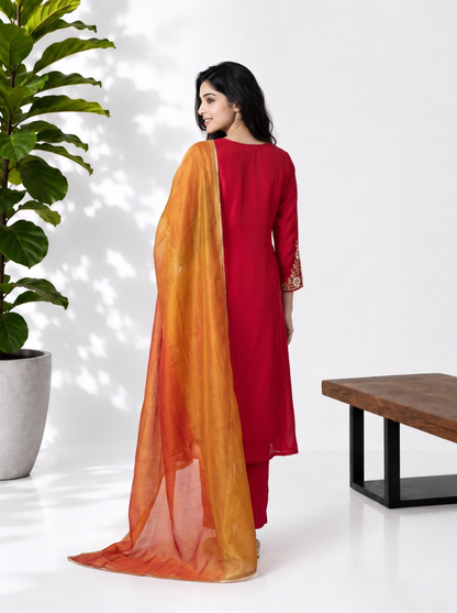 Red Mustard Mul Chanderi Suitset