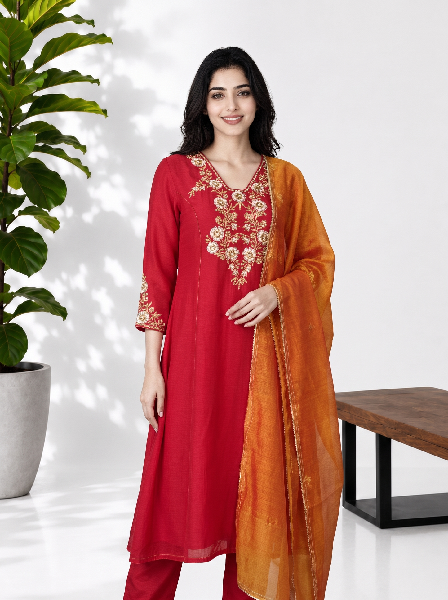 Red Mustard Mul Chanderi Suitset