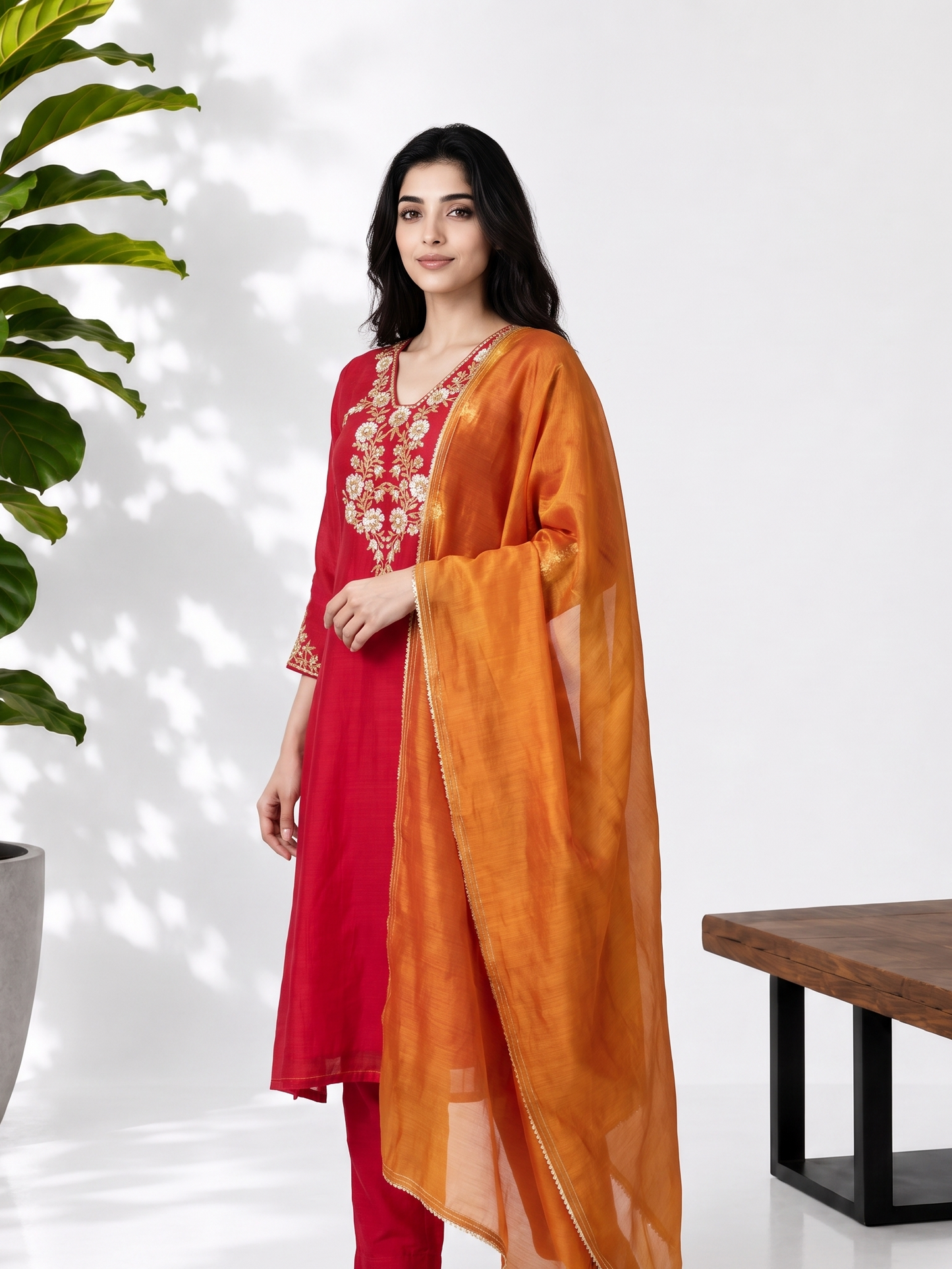Red Mustard Mul Chanderi Suitset
