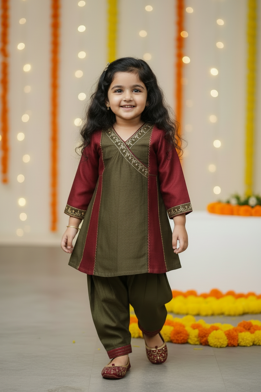 Olive Green Maroon Angarkha style Kurta with Pants for Kids