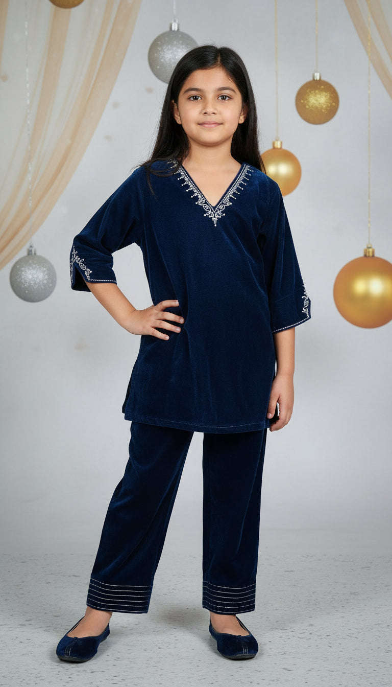 Blue V neck Velvet Zari Embroidered kurta with pant for Kids