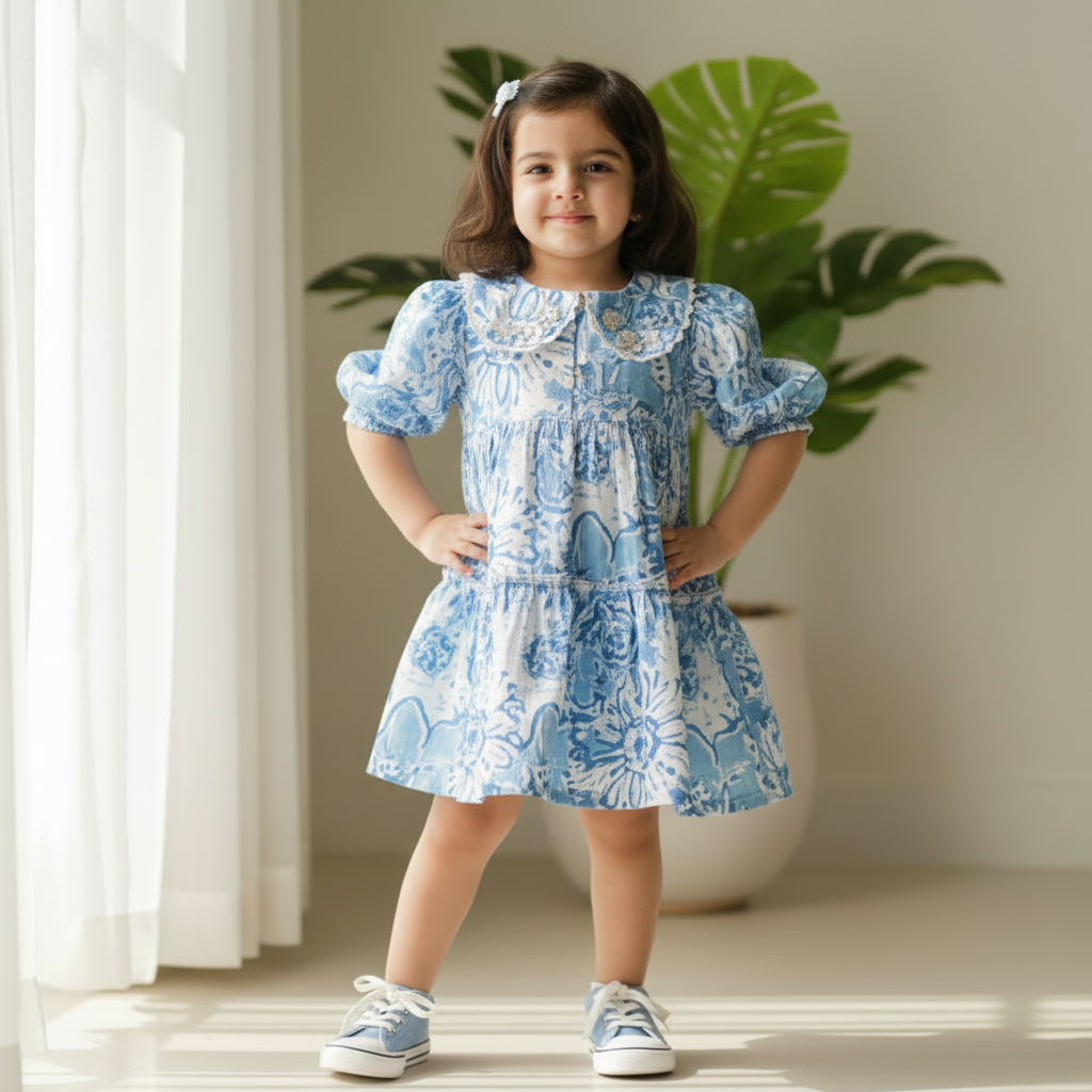 White Blue Hand Block Printed Cotton Dress