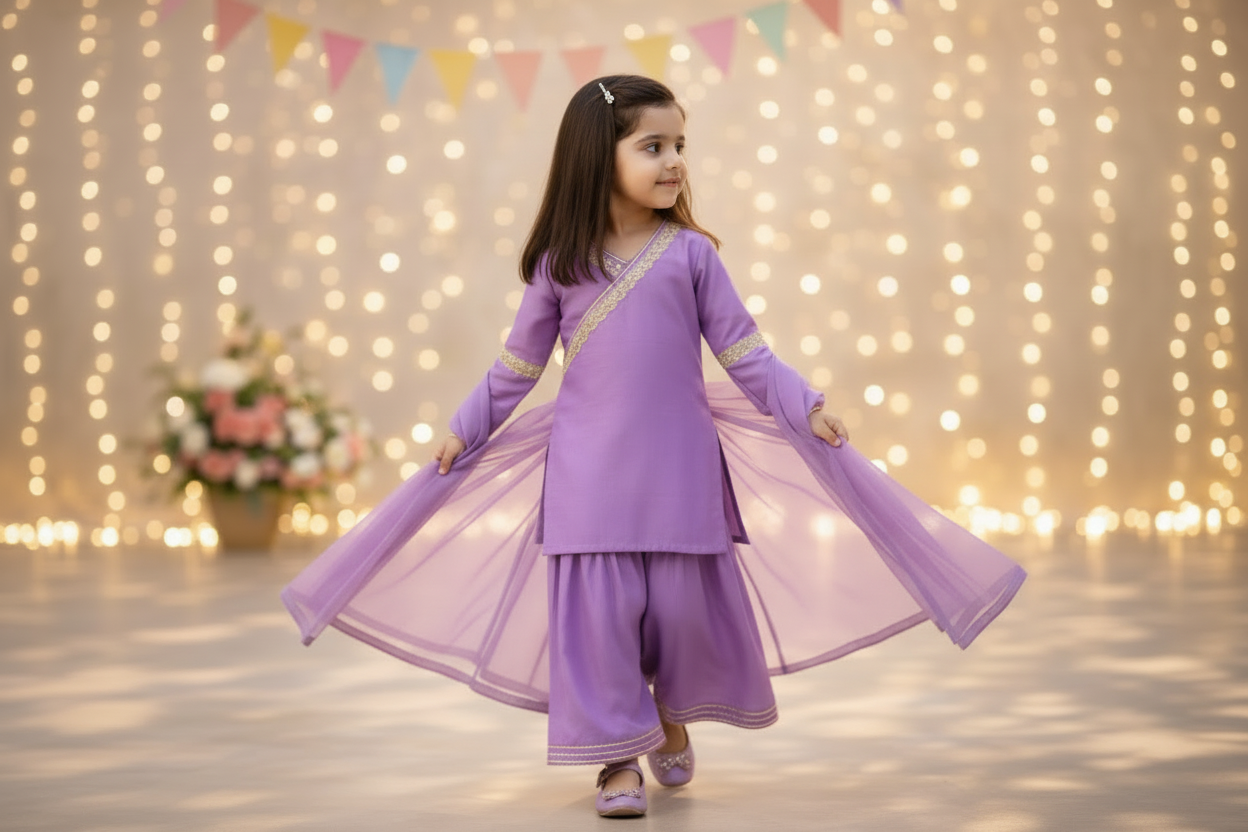 Lilac Lace Work Chanderi Sharara Suit- Set of 3