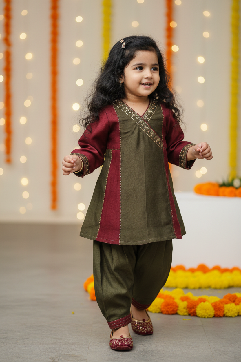 Olive Green Maroon Angarkha style Kurta with Pants for Kids