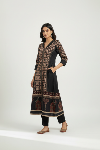 Black Ajrakh Hand Block Printed Cotton Slub Kurta with Pants- Set of 2
