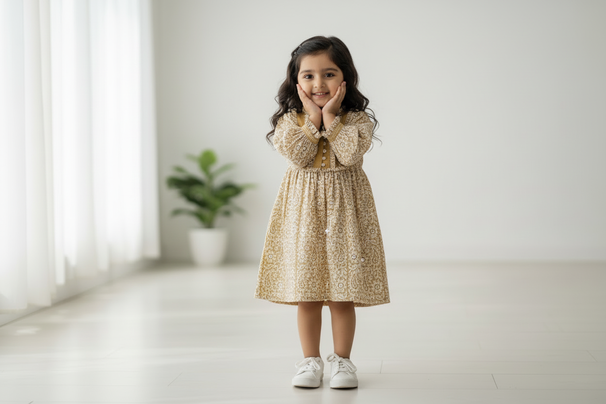 Mustard Yellow Hand Block Printed Cotton Dress