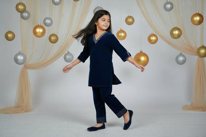 Blue V neck Velvet Zari Embroidered kurta with pant for Kids