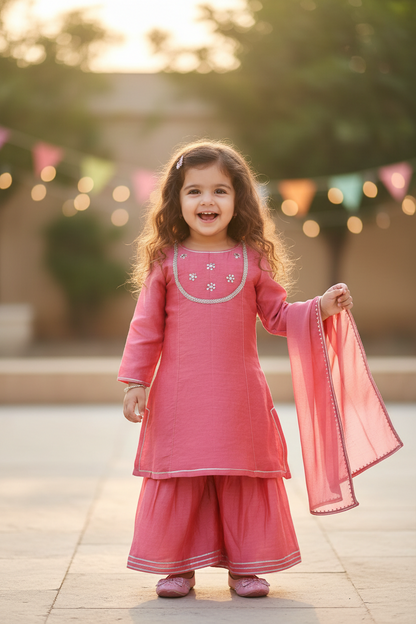 Pastel Red Embroidered Chanderi Sharara Suit- Set of 3