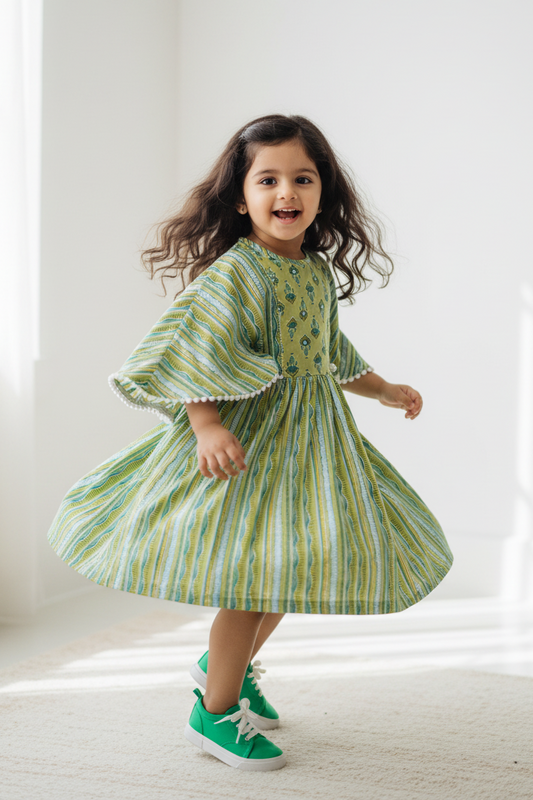Green Yellow Hand Block Printed Cotton Dress