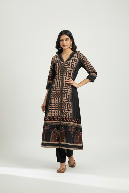 Black Ajrakh Hand Block Printed Cotton Slub Kurta with Pants- Set of 2