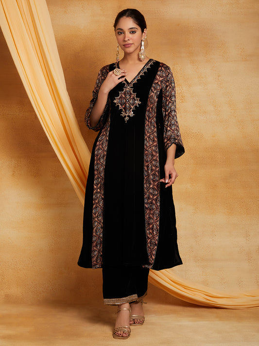 Black Beige Velvet Modal Silk Applique Kurta Set-Set of 2