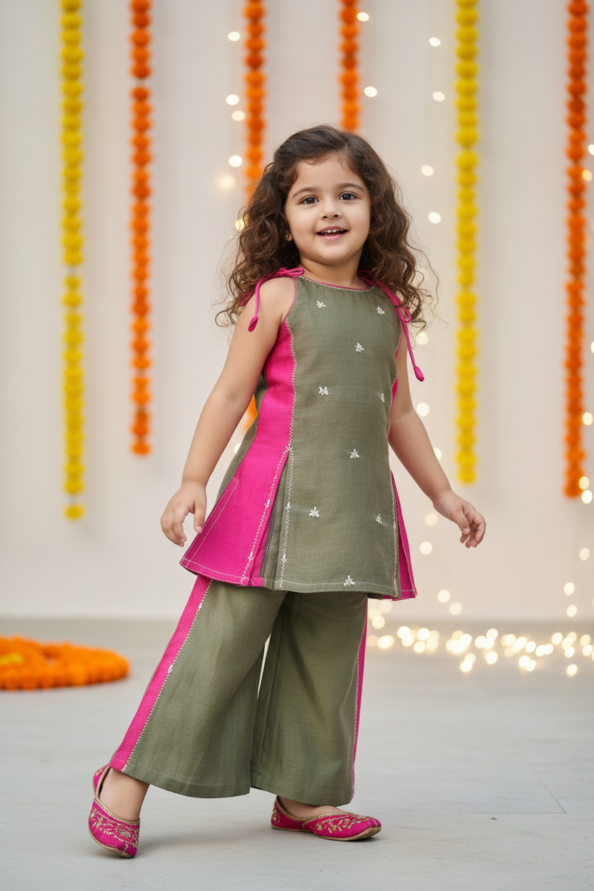 A young girl modeling a traditional Indian outfit consisting of an olive green kurta with pink side panels and silver star embroidery, paired with matching wide-leg trousers and pink shoes, set against a decorated background with marigold garlands.