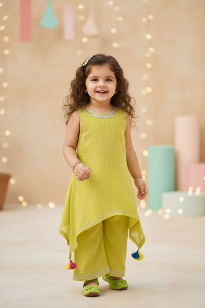 Lime Green Lace Work Chanderi Kurta with Palazzo- Set of 2