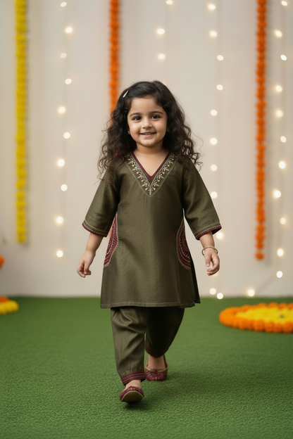 Olive Green Chanderi kurta with Afgani Pant for kids