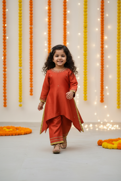 Orange Chanderi Kurta with Plazzo Pants