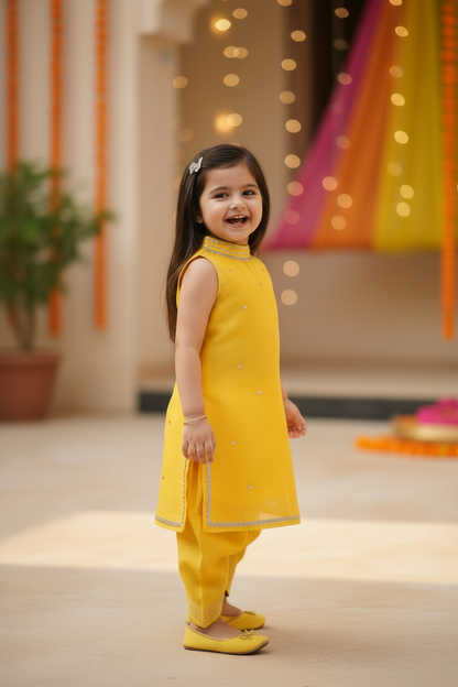 Yellow Lace Work Chanderi Kurta with Dhoti Pants- Set of 2