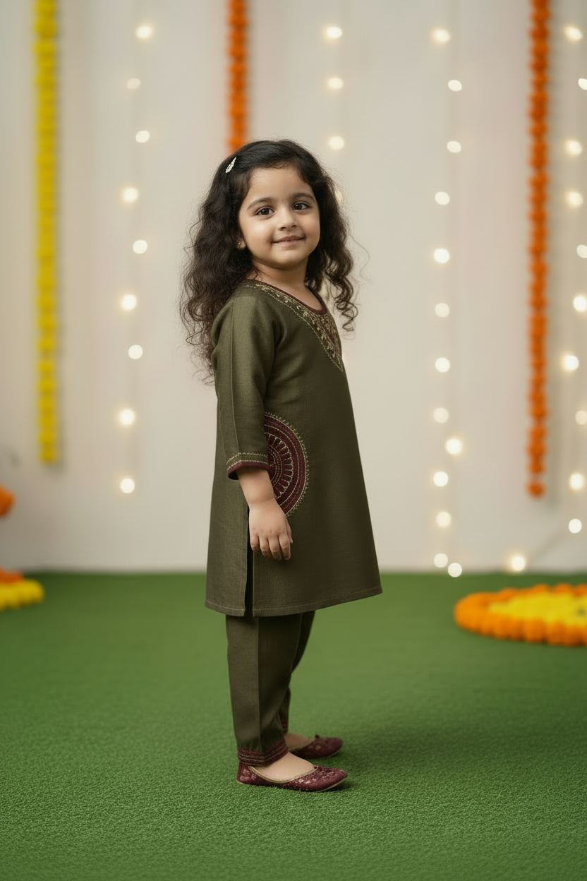 Olive Green Chanderi kurta with Afgani Pant for kids