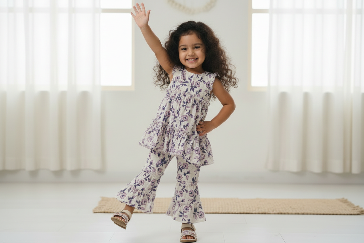 White Purple Hand Block Printed Cotton Kurta with Pants- Set of 2