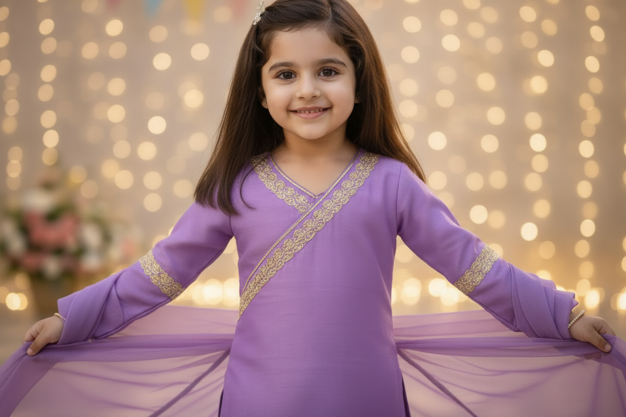 Lilac Lace Work Chanderi Sharara Suit- Set of 3