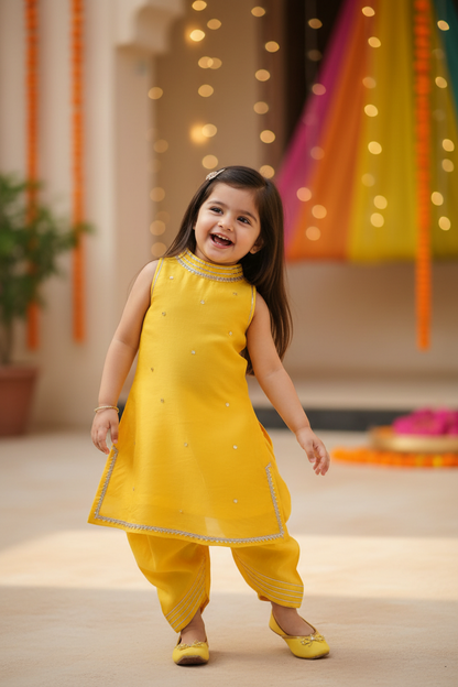 Yellow Lace Work Chanderi Kurta with Dhoti Pants- Set of 2