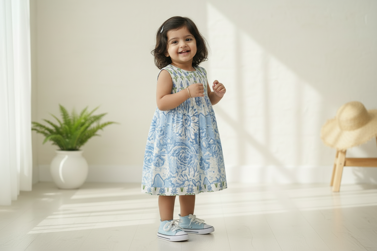Blue Hand Block Printed Cotton Dress