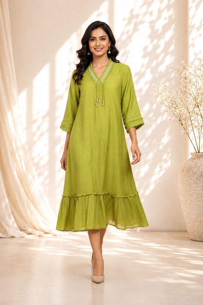 Green Mul Chanderi Dress