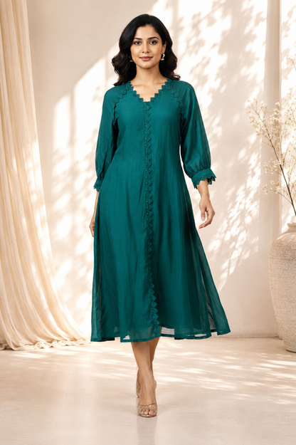 Teal Green Mul Chanderi Dress