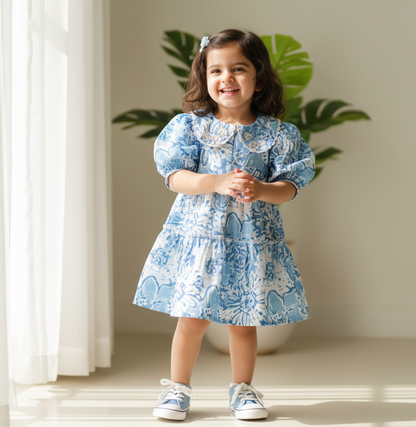 White Blue Hand Block Printed Cotton Dress