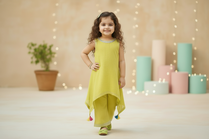 Lime Green Lace Work Chanderi Kurta with Palazzo- Set of 2