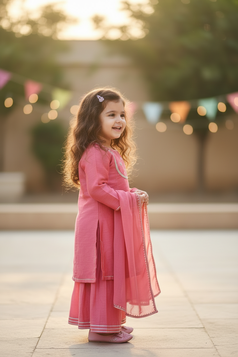 Pastel Red Embroidered Chanderi Sharara Suit- Set of 3