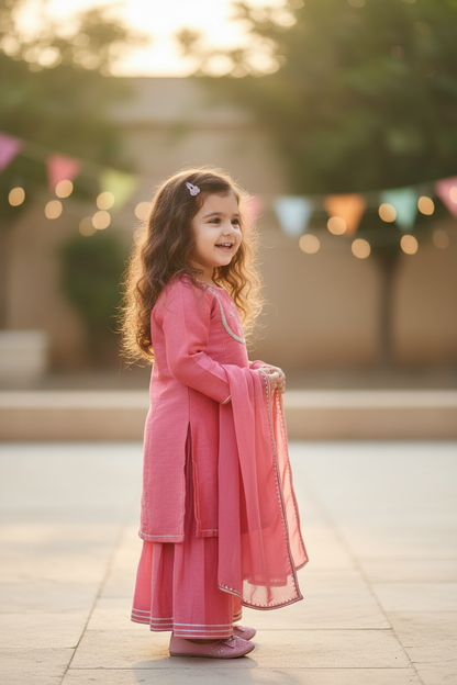 Pastel Red Embroidered Chanderi Sharara Suit- Set of 3