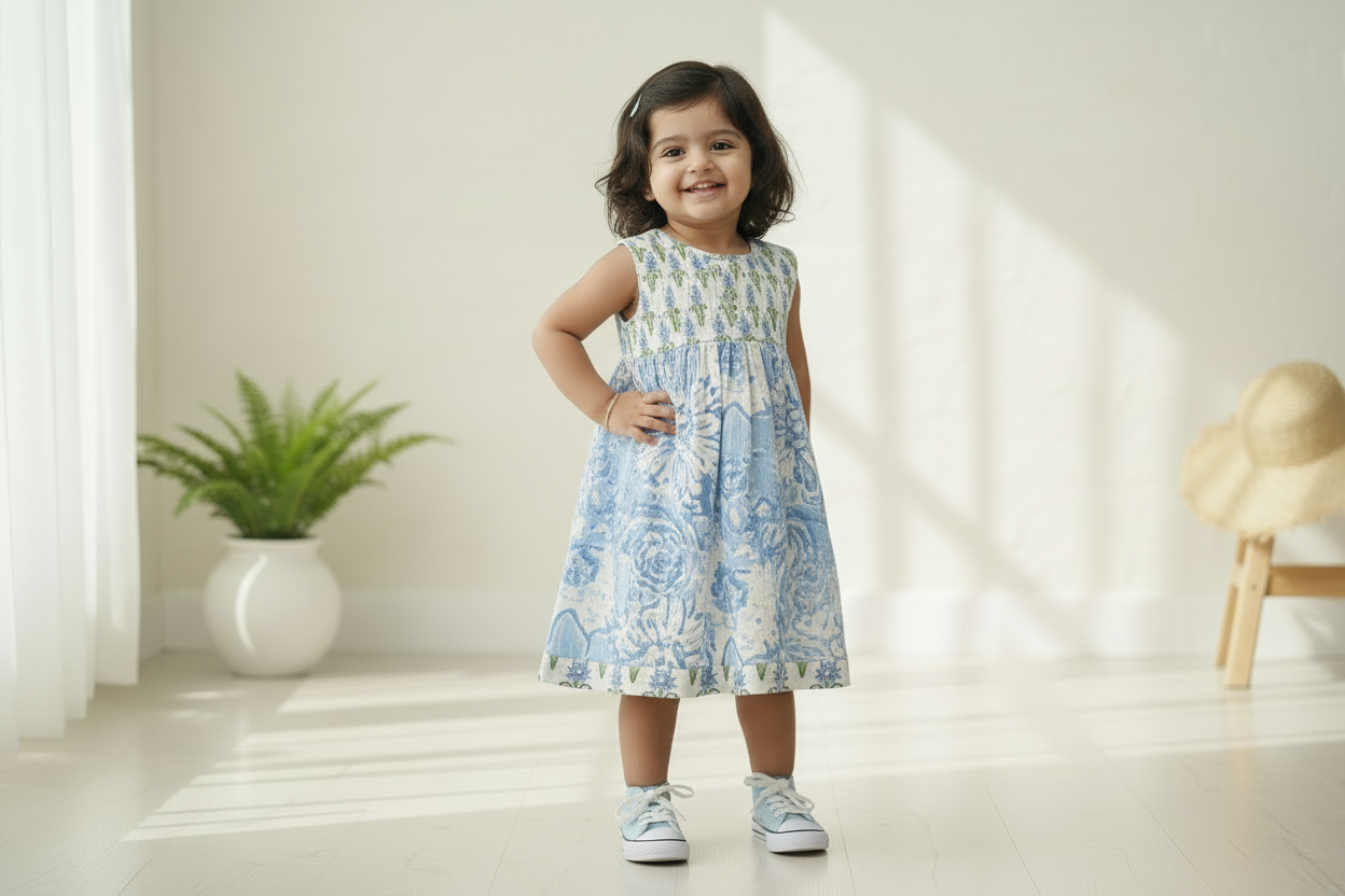 Blue Hand Block Printed Cotton Dress