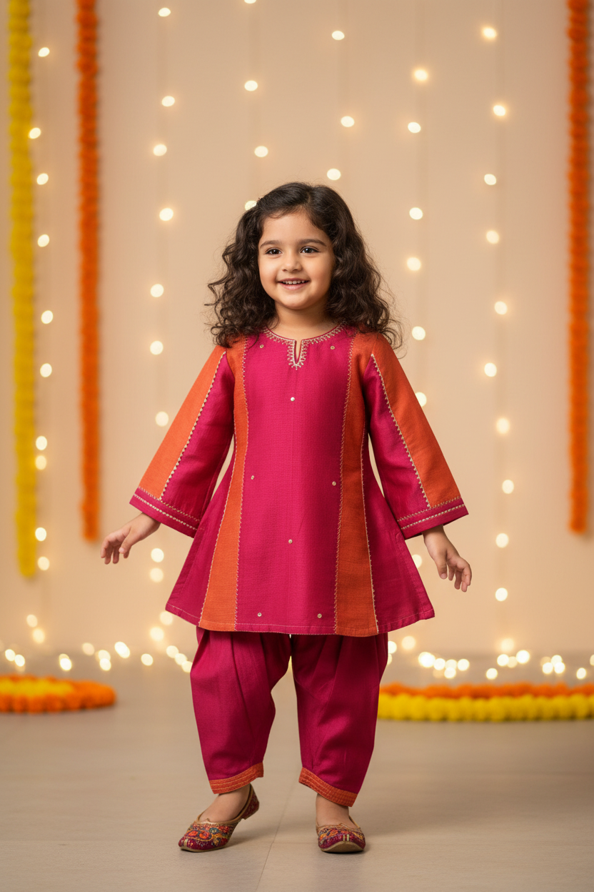 Pink orange Kids chanderi Kurta with Pant