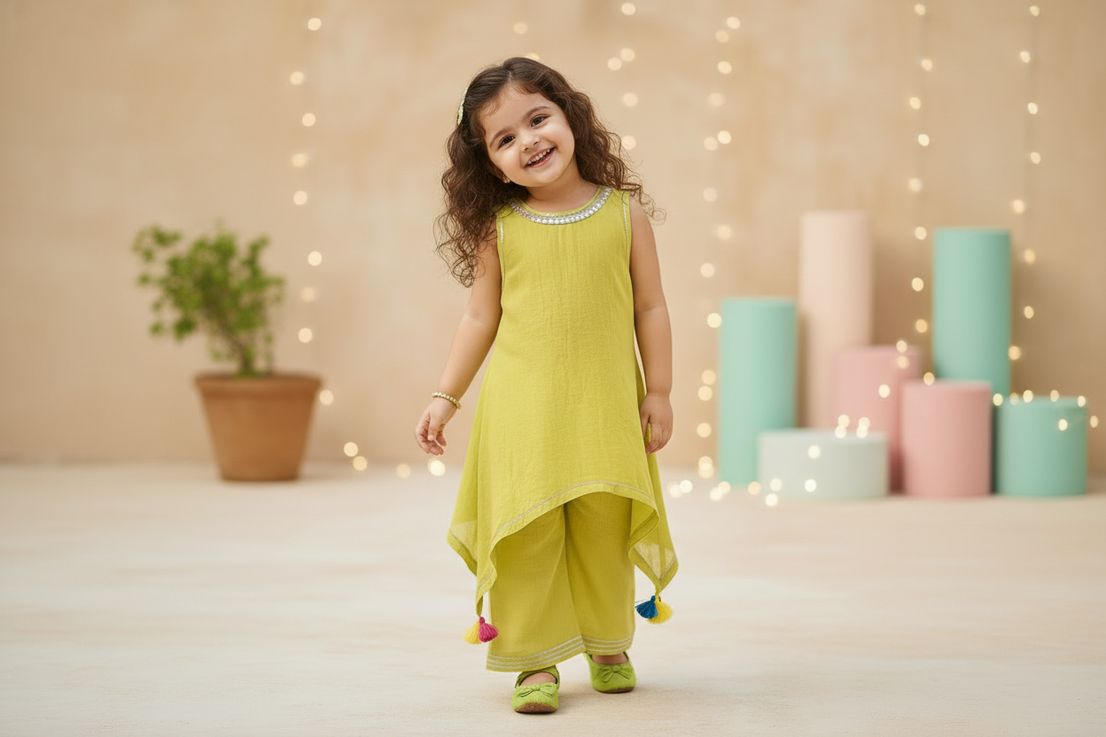 Lime Green Lace Work Chanderi Kurta with Palazzo- Set of 2