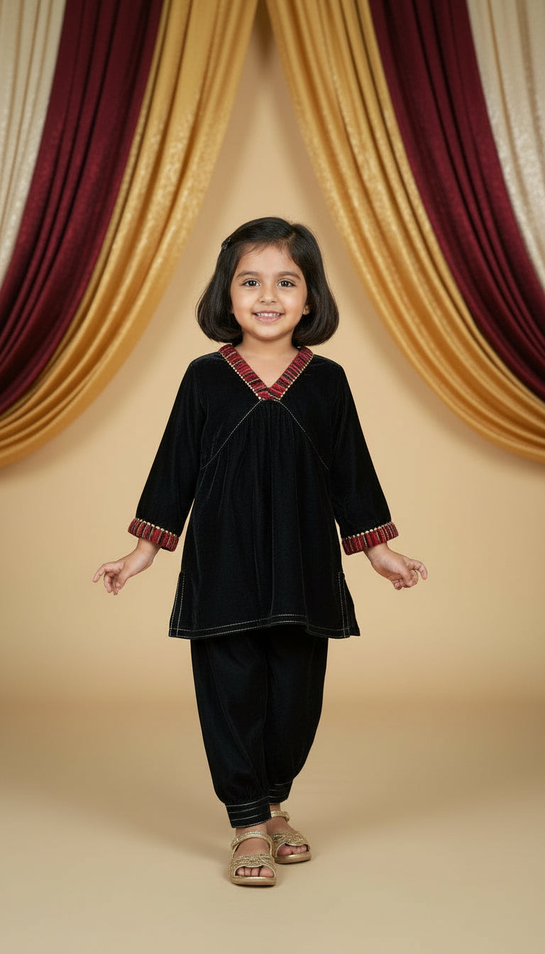 Kids velvet black kurta pant