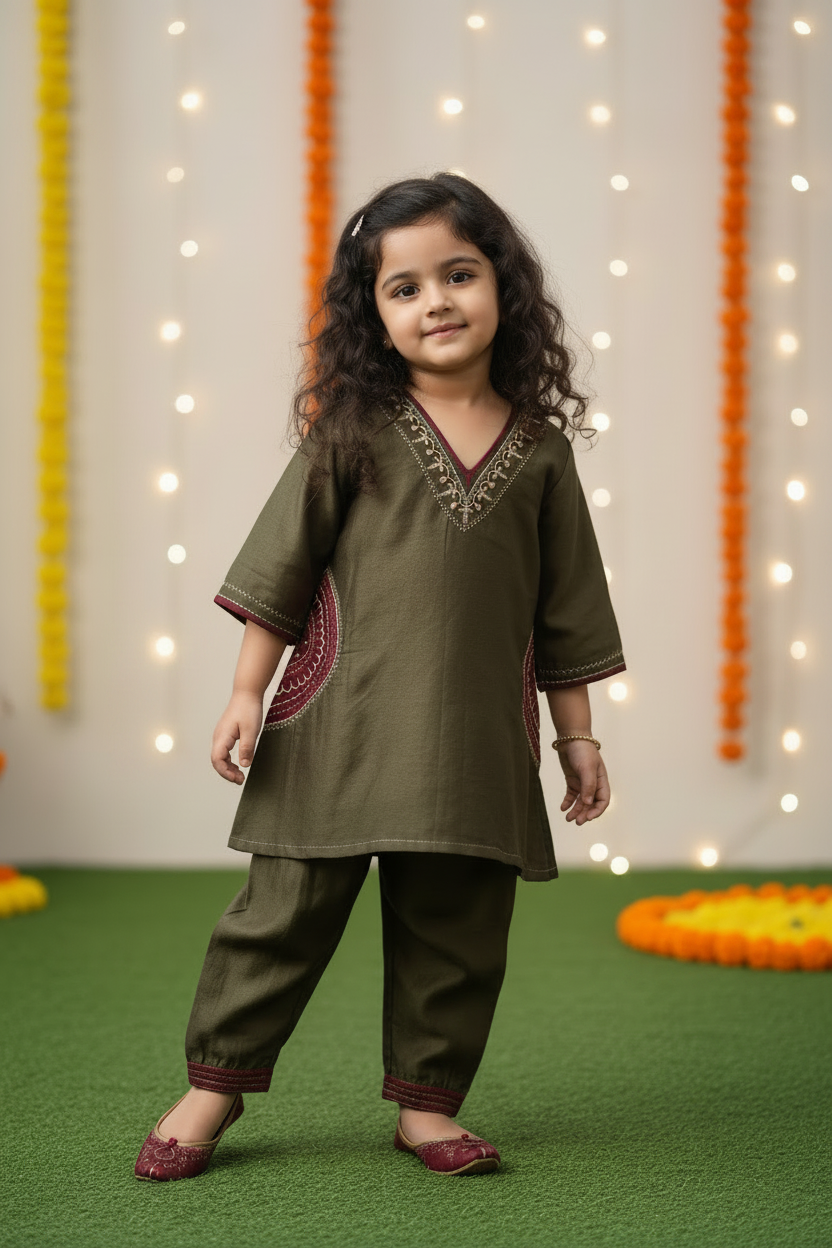 Olive Green Chanderi kurta with Afgani Pant for kids