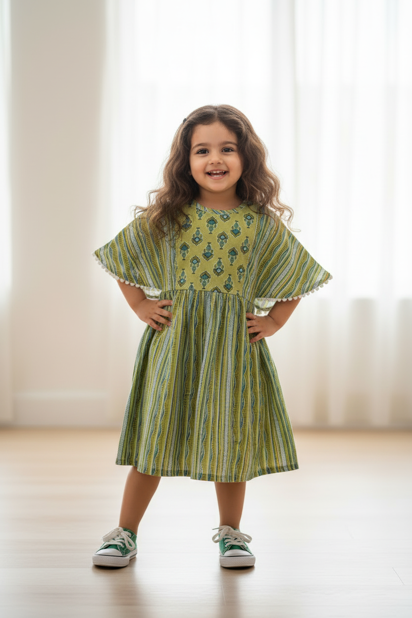 Green Yellow Hand Block Printed Cotton Dress