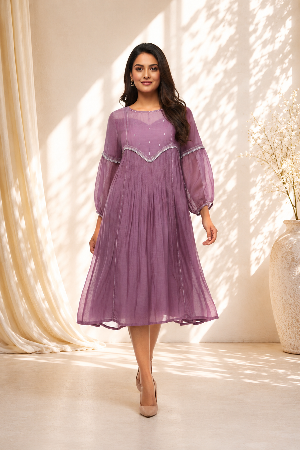Purple Mul Chanderi Dress