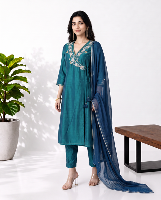 Teal Green Blue Chanderi Suitset