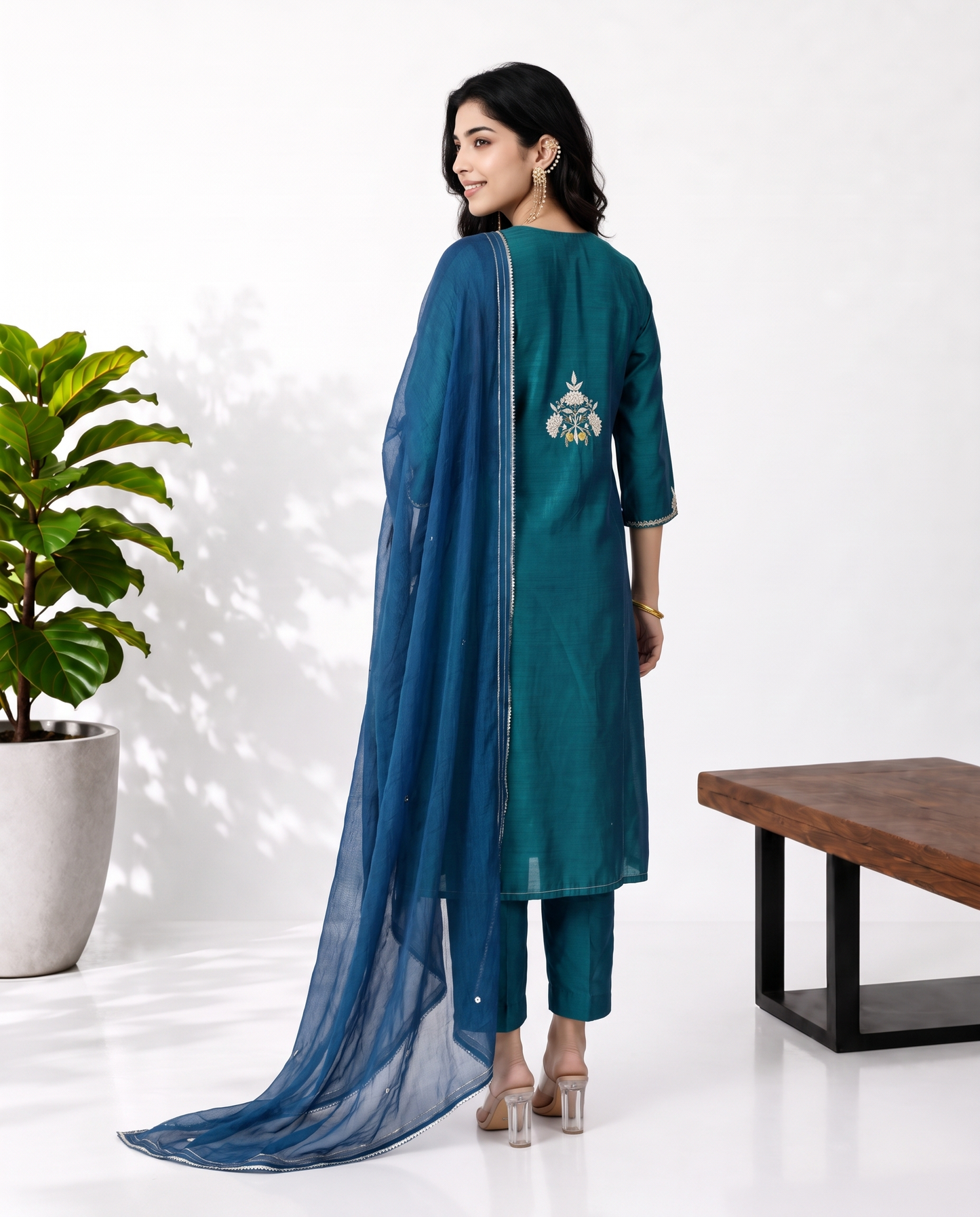 Teal Green Blue Mul Chanderi Suitset