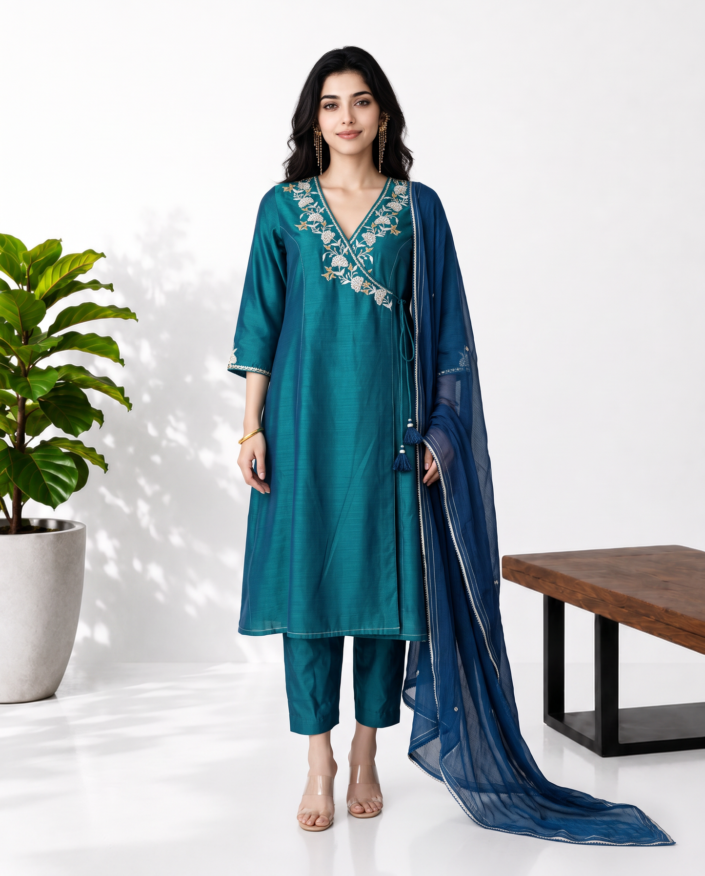 Teal Green Blue Mul Chanderi Suitset