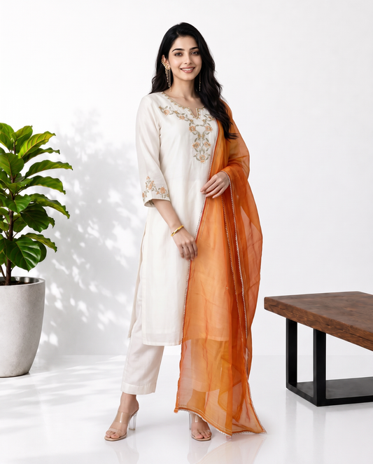 White Orange Chanderi Suitset