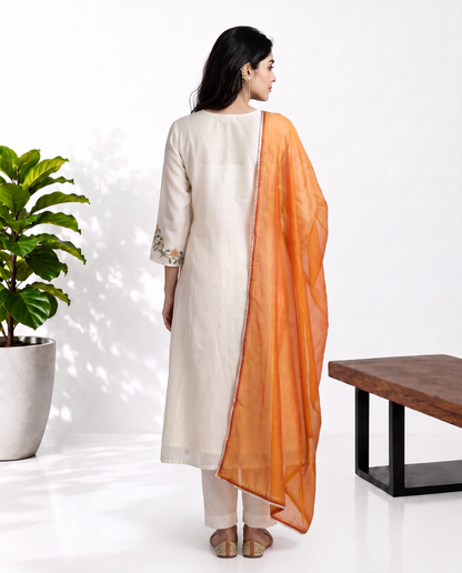 White Orange Mul Chanderi Suitset