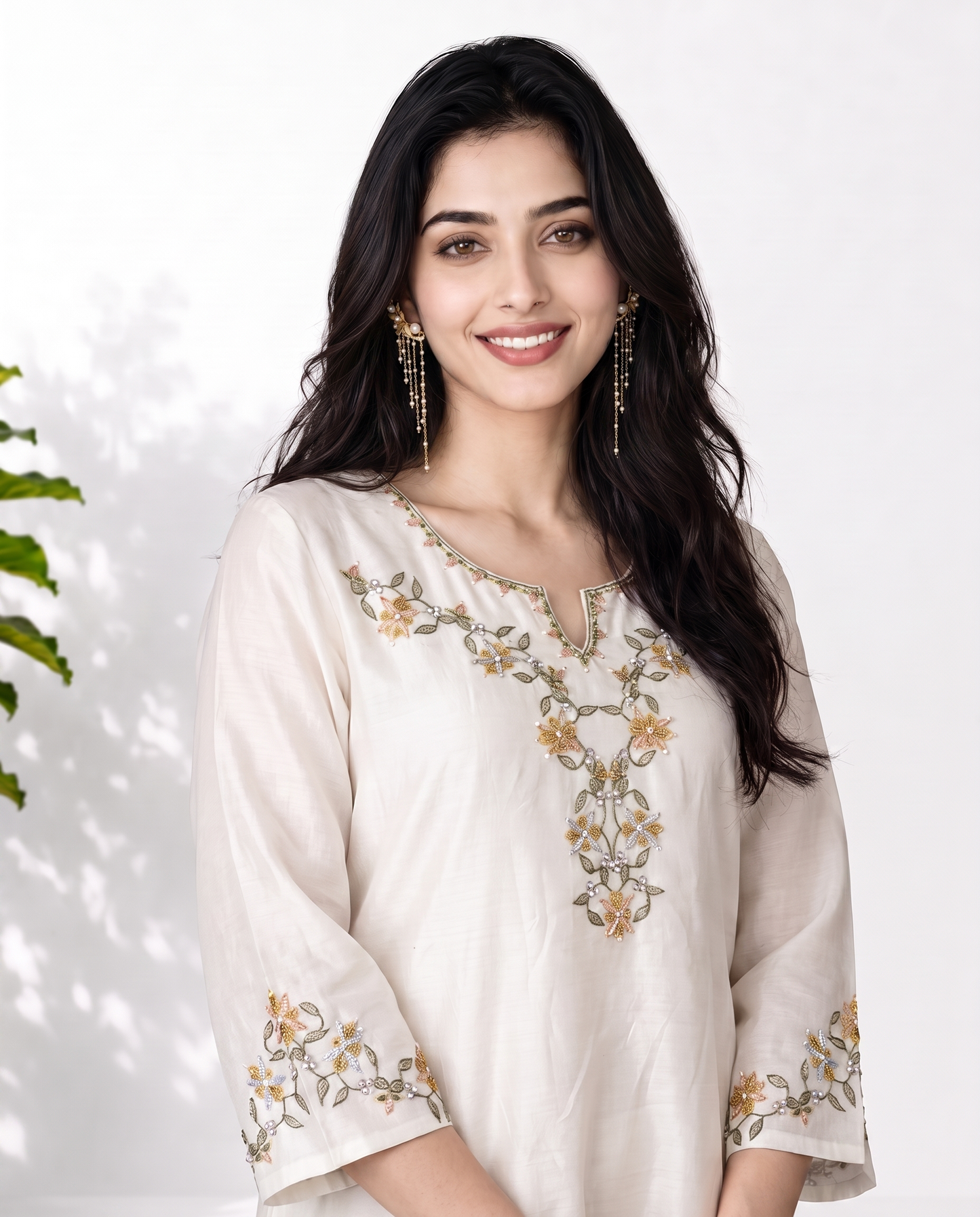 White Orange Mul Chanderi Suitset
